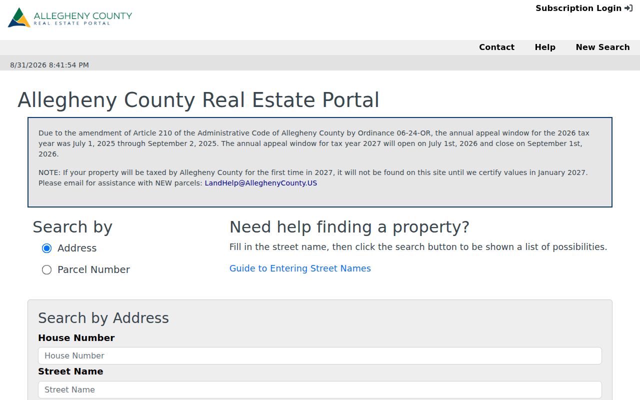 Baldwin residents directory property-search fields in the Allegheny County Real Estate Portal