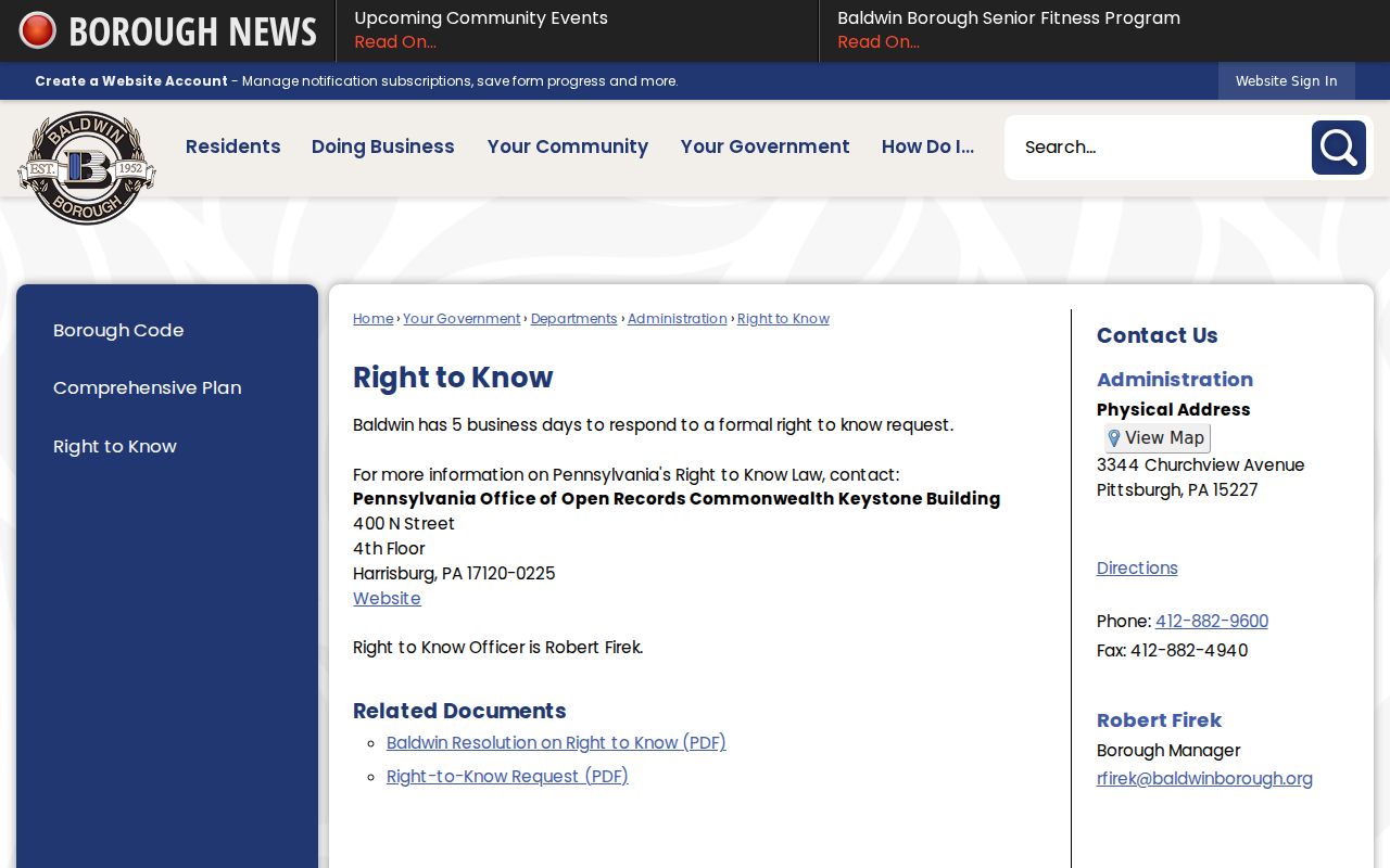 Baldwin residents directory Right-to-Know request page